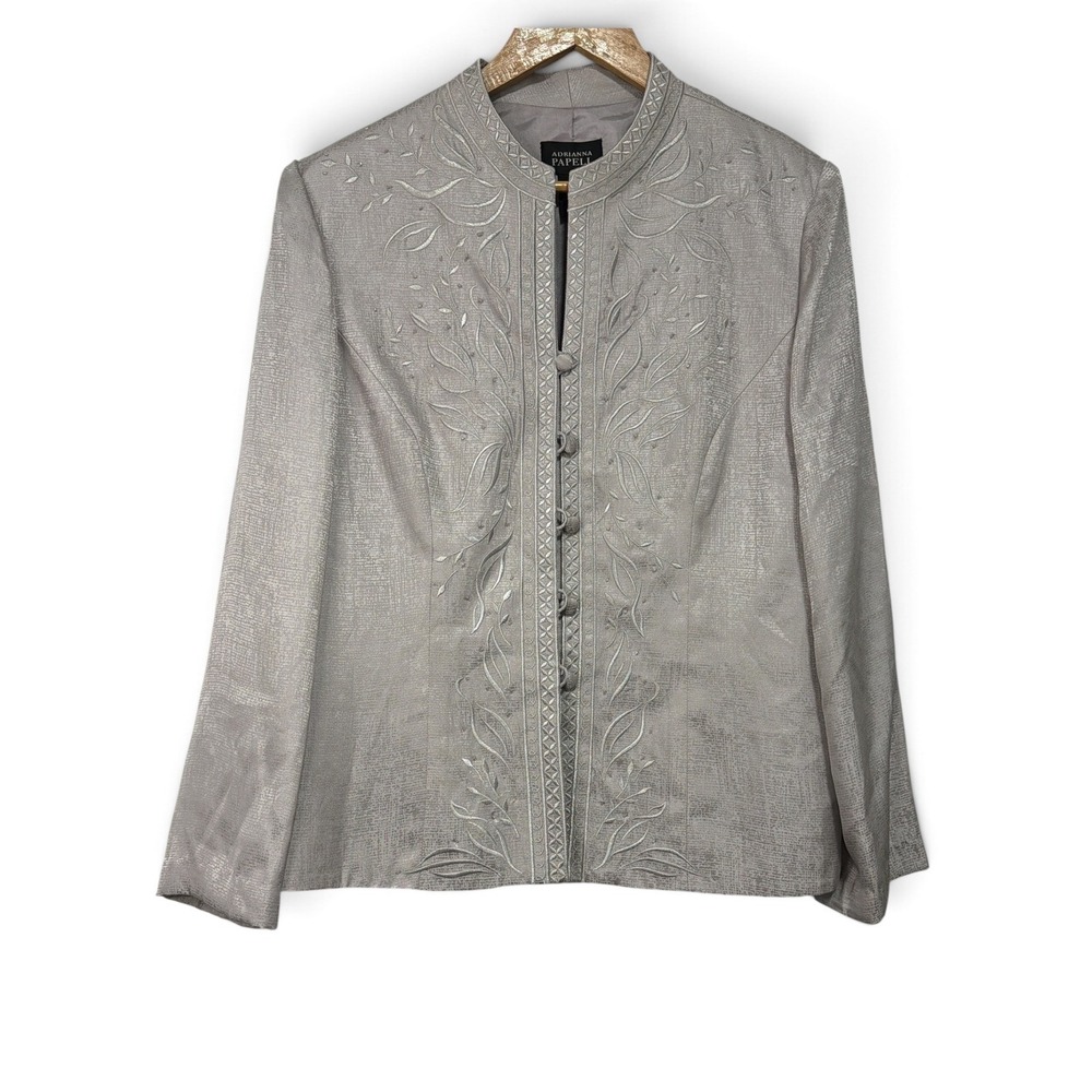 Adrianna Papell Silver Silk Embroidered Beaded Evening Jacket Size 14 Formal